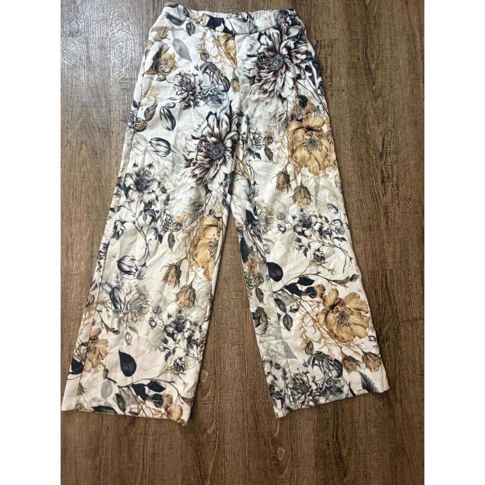 Tahari Floral Wide Leg Pants Small Cream Tan Botanical Print High Rise Trousers